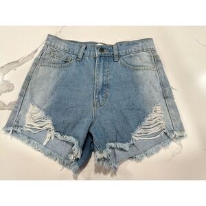 The Rockn Rev Blue Denim Ripped Distressed Frayed High Waist Shorts‎ Size 6